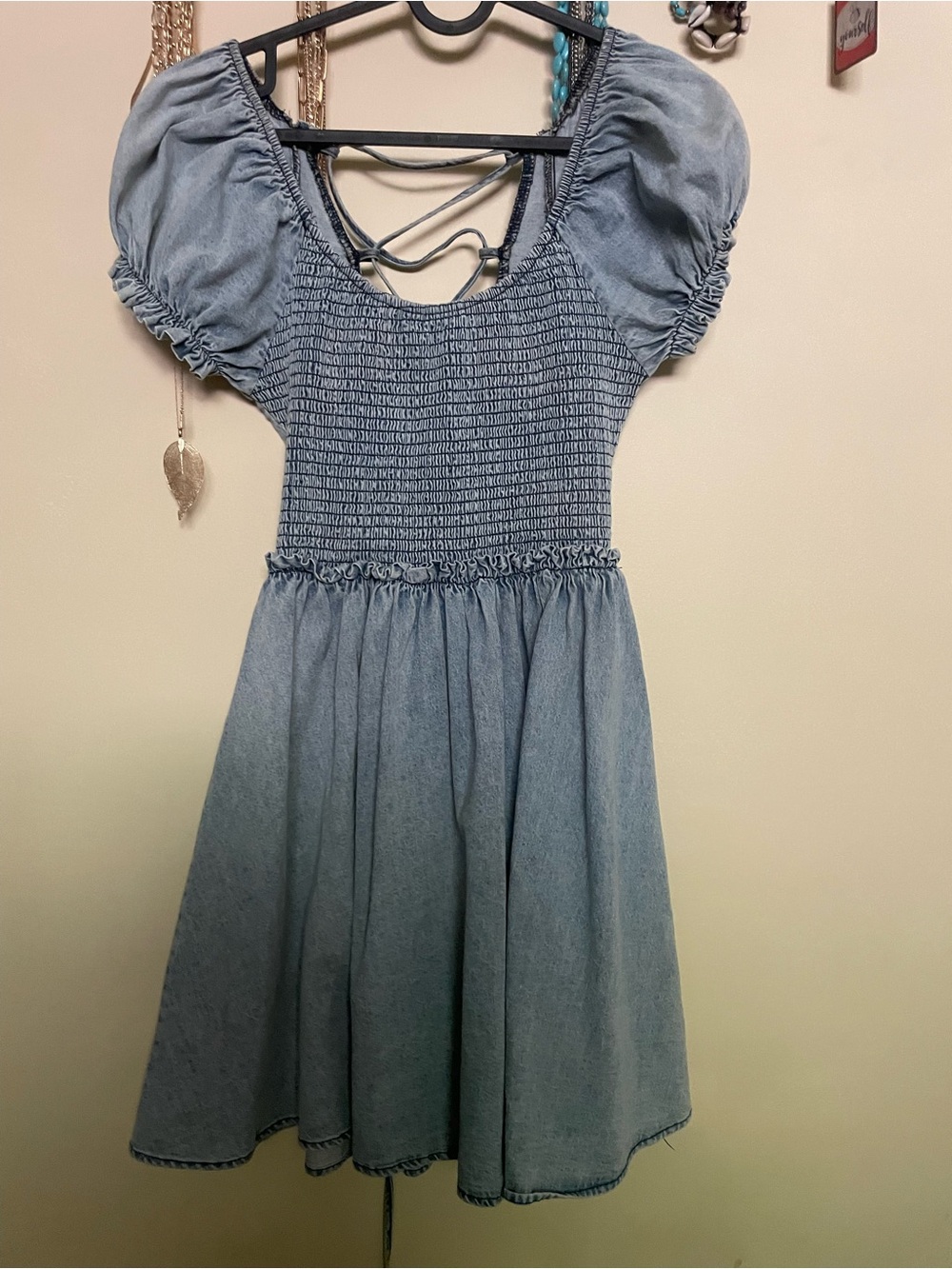 Petal & Pup Light Blue Puff Sleeve Smocked Denim Dress with Lace-up Back